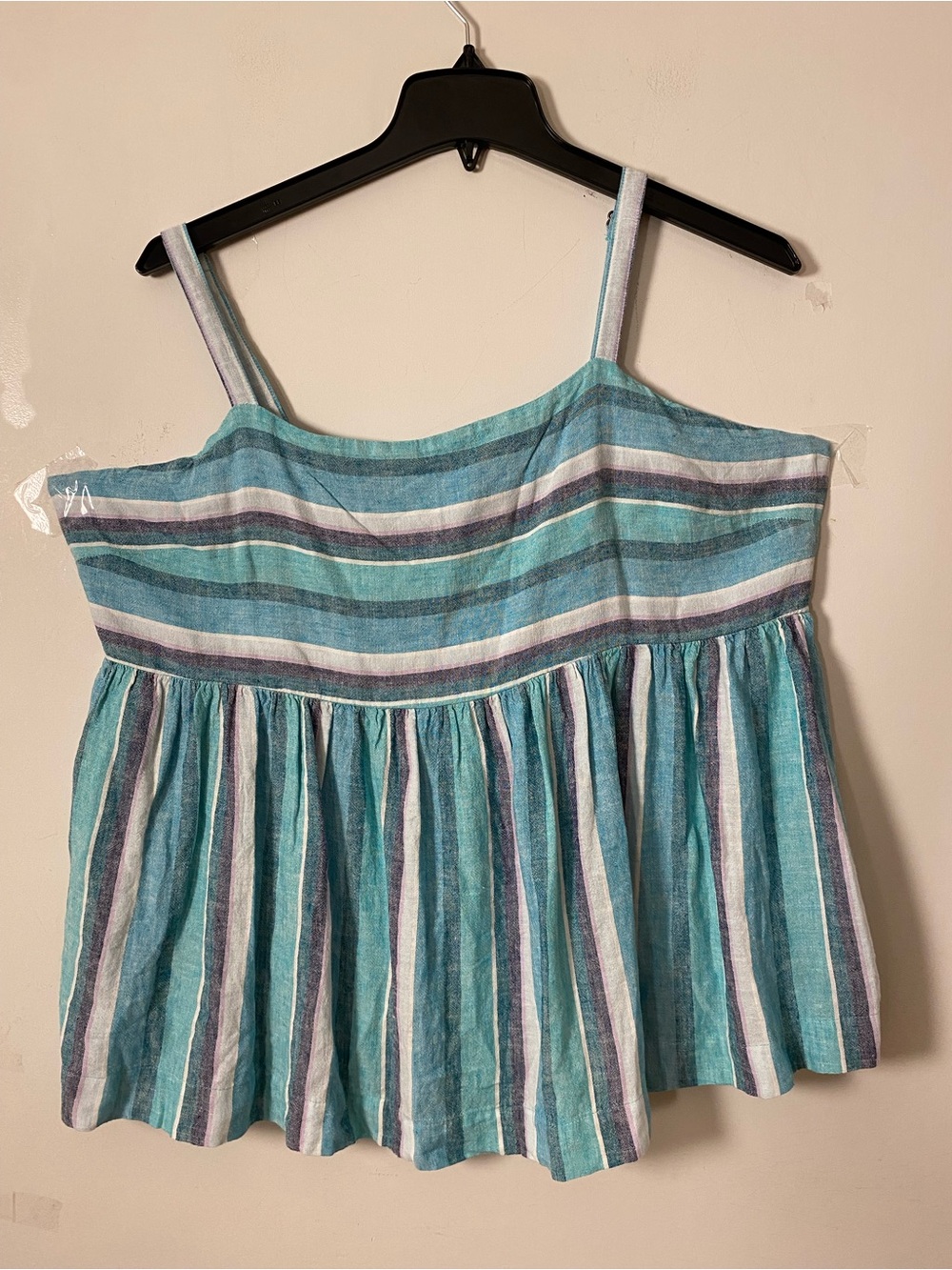 Linen blend Striped Turquoise Spaghetti Strap Peplum Top
